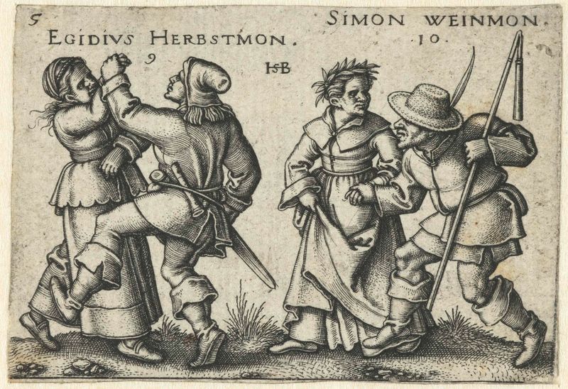 Gravura de Hans Sebald Beham mostrando casais dançando em um ambiente rural