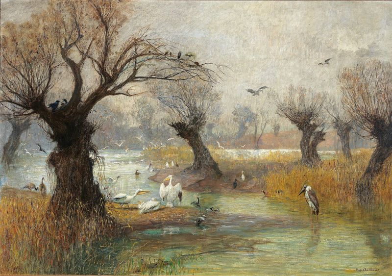 Pelikane am Flussufer by Hugo Charlemont, realism, depicting pelicans by a river.