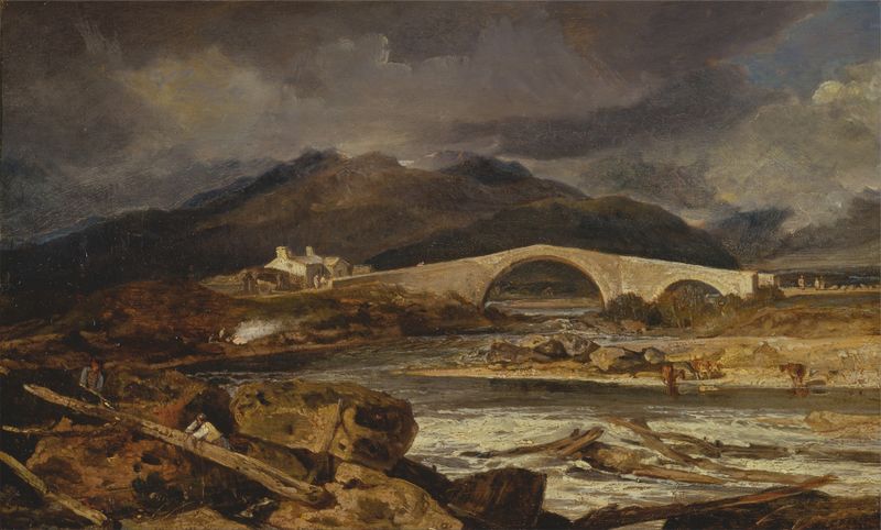 Tummel Bridge, Perthshire de Joseph Mallord William Turner, óleo que representa un puente sobre un río.