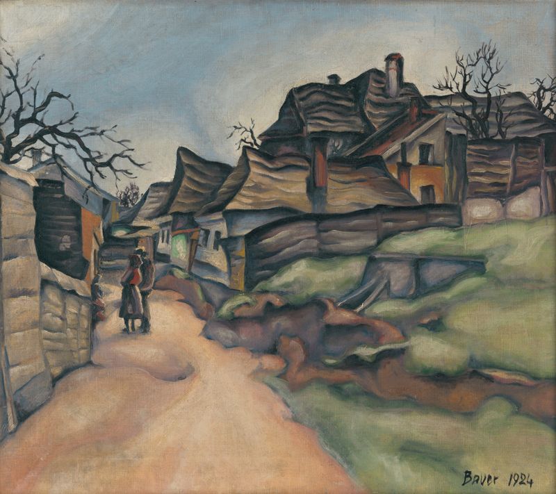 oil on canvas by Konštantín Bauer depicting isolated houses in a village landscape