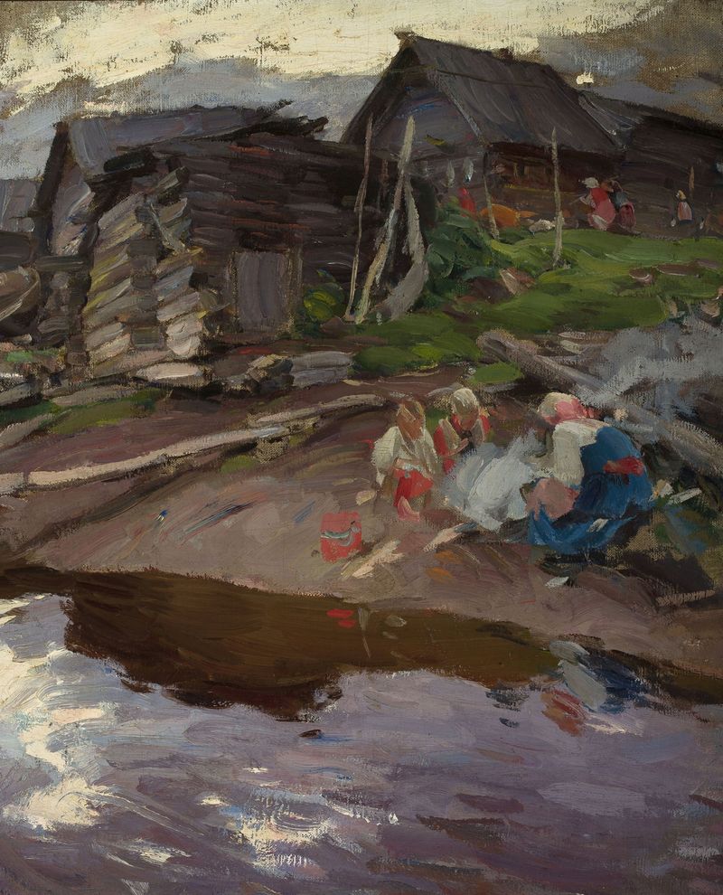 Evening light genre scene by Abram Efimovich Arkhipov, oil painting depicting women in twilight.