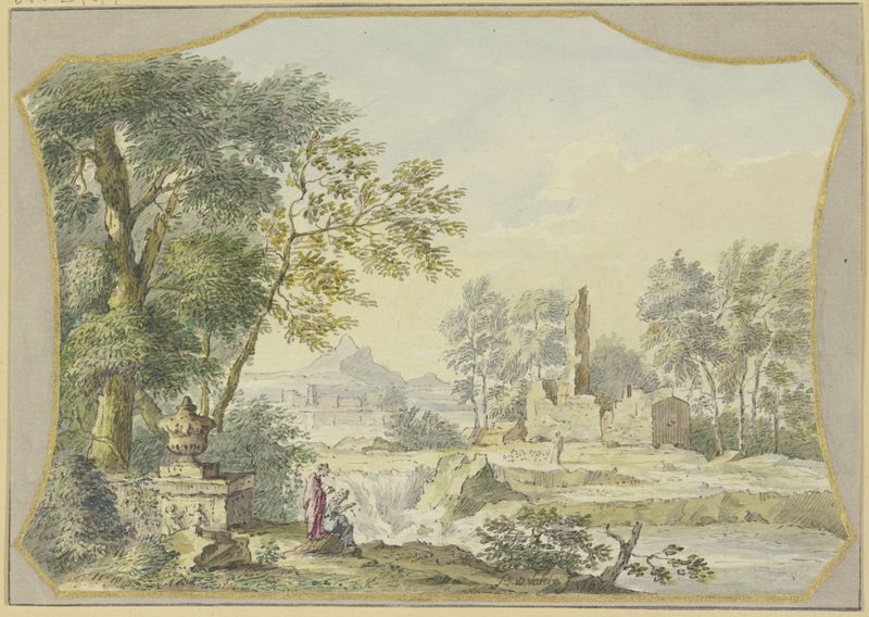 Landschaft mit einer Ruine de Jacob van de Velde, pintura a óleo que retrata ruínas e figuras entre árvores.