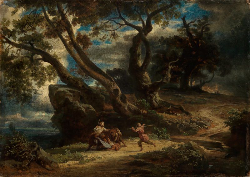 Der Überfall de Johann Wilhelm Schirmer, óleo que muestra una escena de batalla caótica.