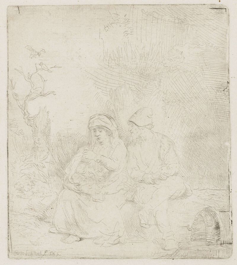 O Descanso na Fuga para o Egito, gravura de Rembrandt van Rijn, mostrando a Virgem Maria, a criança e José com uma maçã.