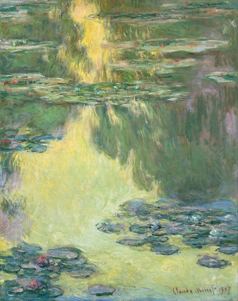 Waterlilies by Claude Monet, oil painting depicting lily pads and reflections on water