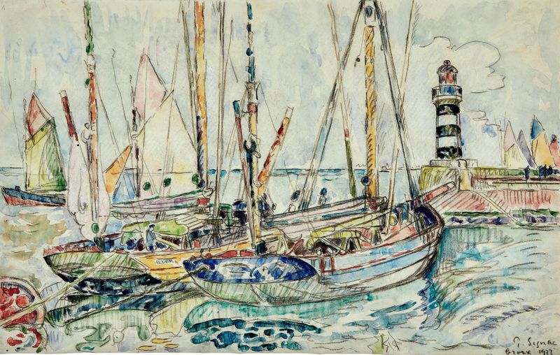 Bateaux au port, île de Groix de Paul Signac, óleo sobre lienzo que muestra veleros en un puerto