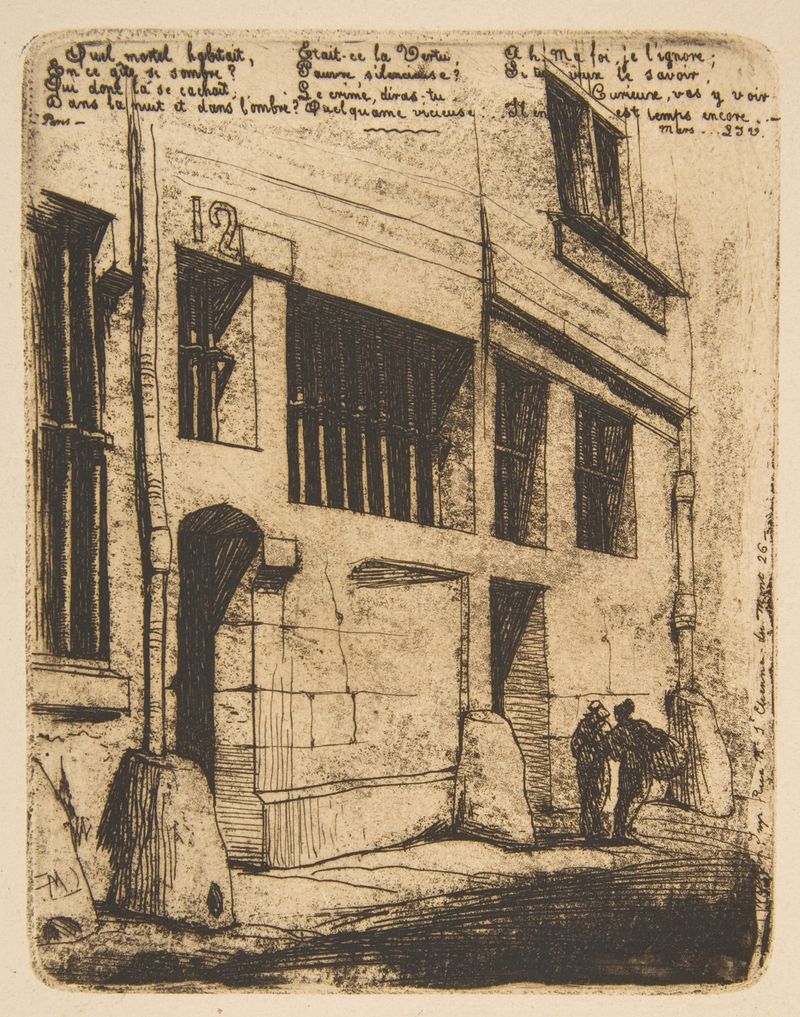 Etching by Charles Meryon depicting Rue des Mauvais Garçons, Paris with detailed architecture.