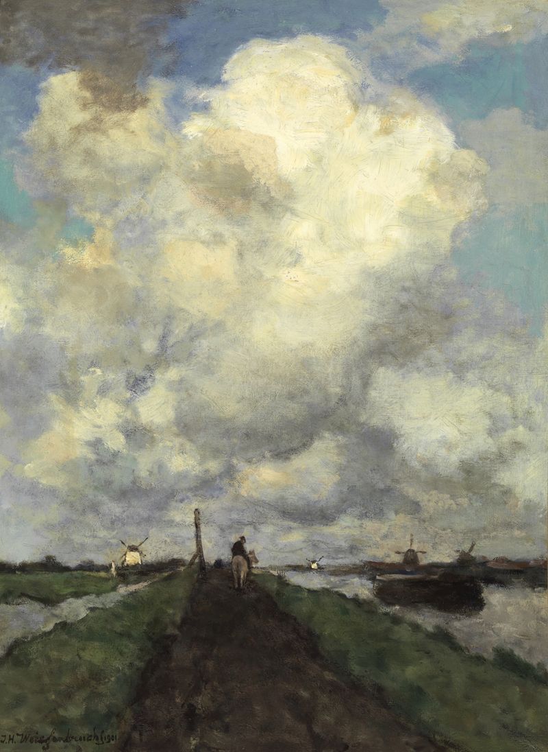 Landscape with clouds and grass by Johan Hendrik Weissenbruch, oil painting