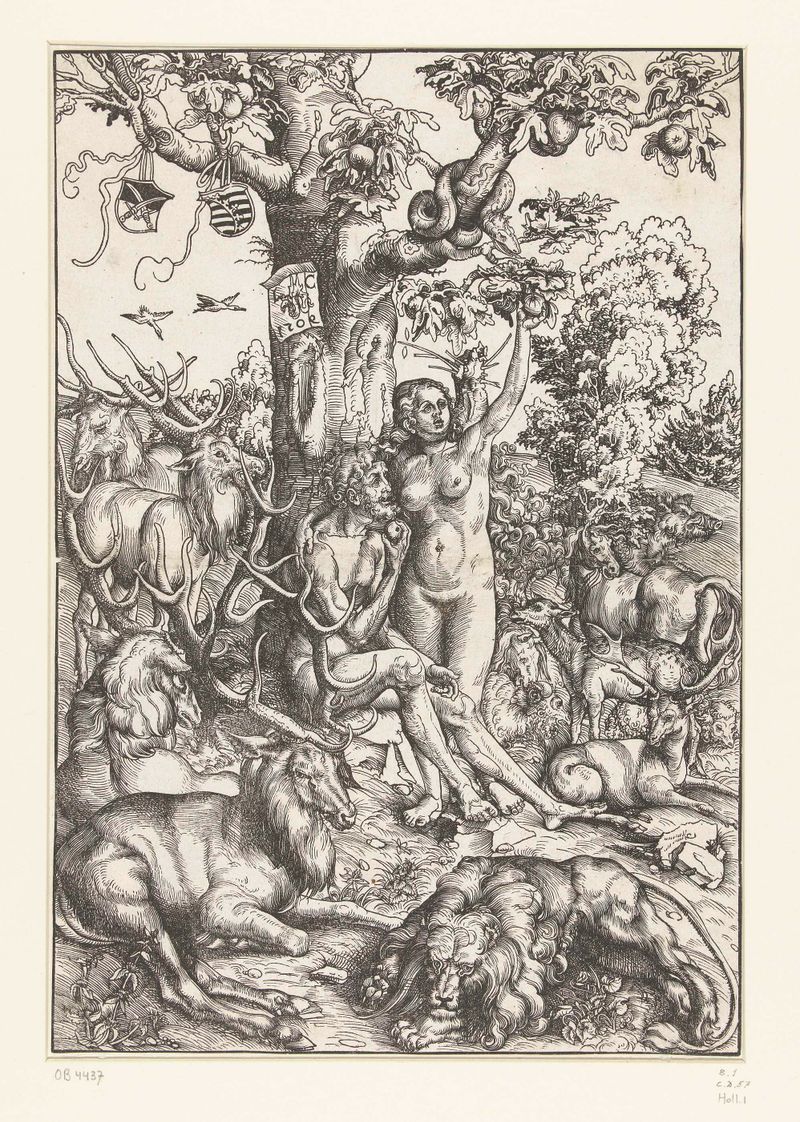 Adán y Eva en el paraíso rodeados de animales, papel de Lucas Cranach