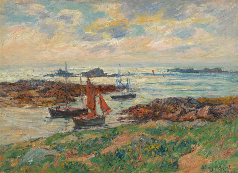 Marine landscape by Henry Moret, oil on canvas, featuring ocean and sky.