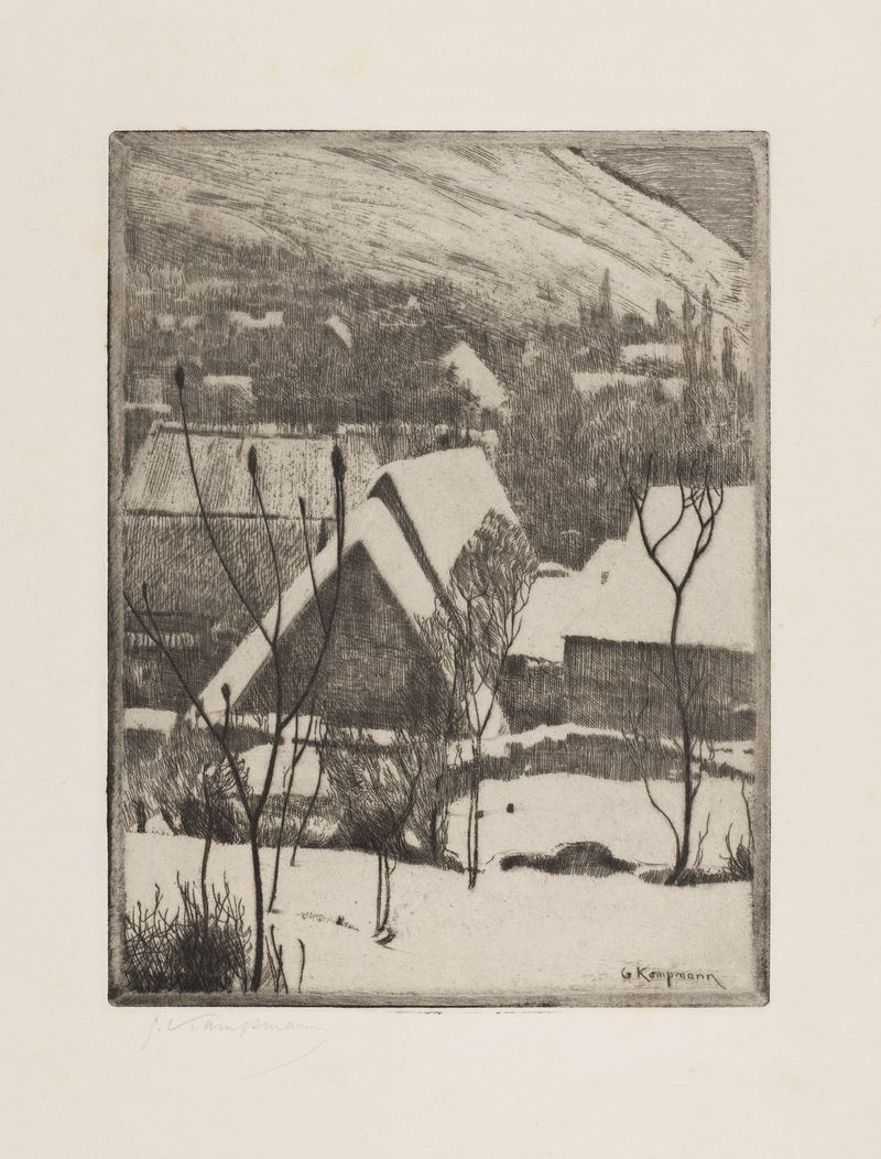 Winter landscape by Gustav Kampmann, oil on canvas depicting a tranquil village in snow.