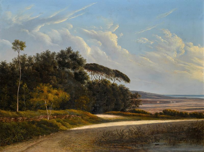 Landscape featuring the Claudio aqueduct by Roman School, oil painting
