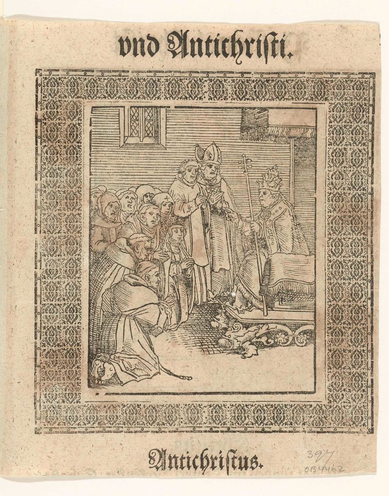 Paus zegent monniken en nonnen, papel de Lucas Cranach (I) mostrando um papa abençoando monges e freiras.