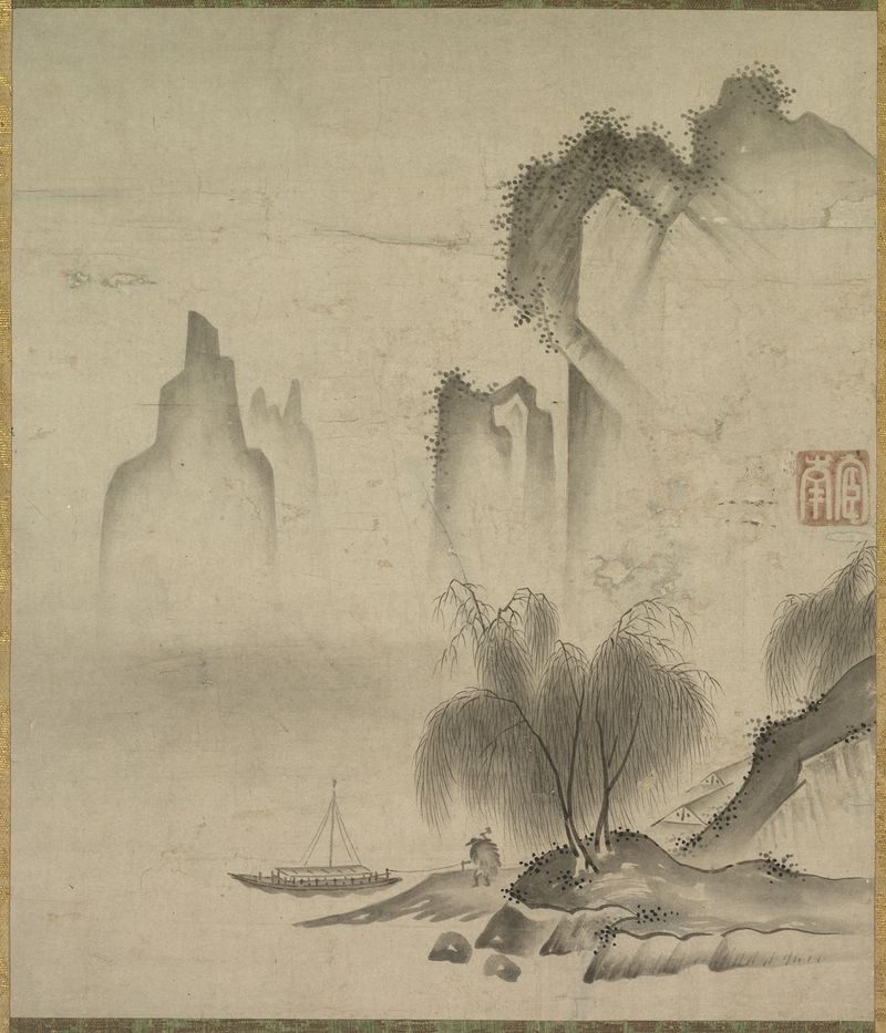Figure Mooring a Boat de Kannan, pintura al óleo que muestra una figura asegurando un barco a la orilla.