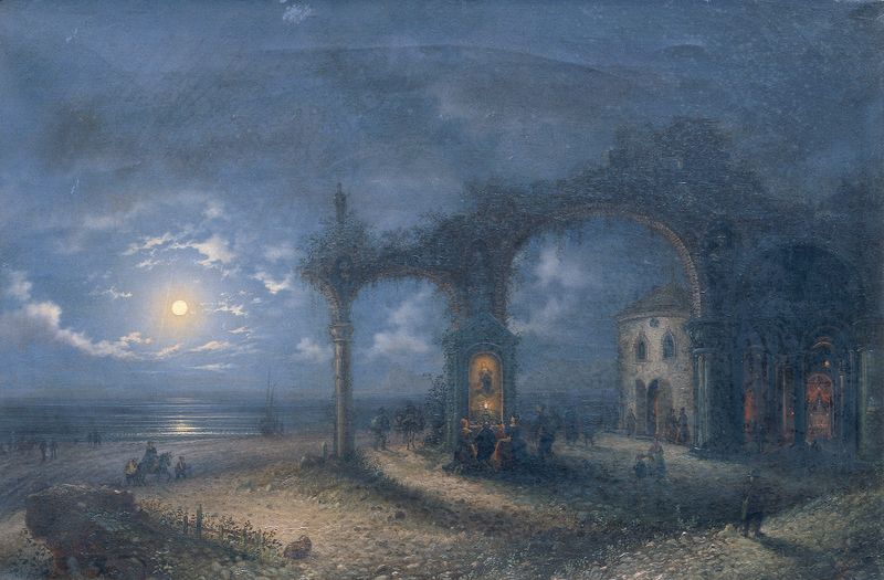 Paisagem com ruínas e oceano, óleo sobre tela de Bello Brivio