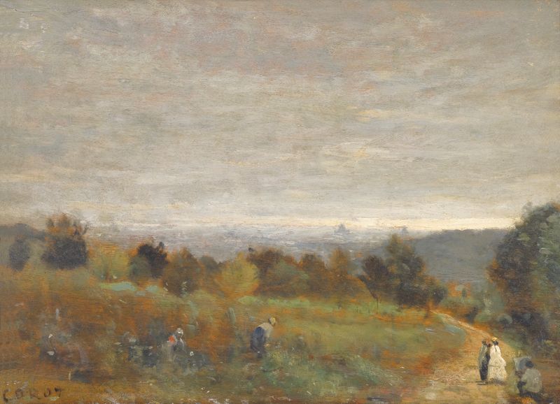 Pintura a óleo de Jean-Baptiste-Camille Corot mostrando colinas suaves e um céu tranquilo.