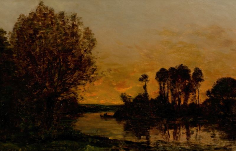 Landscape with sunset over water, oil painting by Hippolyte Camille Delpy