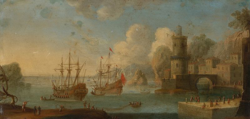 Neapolitan Port Scene de Tommaso Ruiz, pintura a óleo que retrata barcos ao pôr do sol em águas cintilantes.