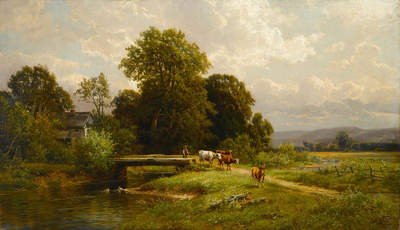 Driving the Cattle Home by Carl Weber, oil painting depicting cattle in a serene landscape