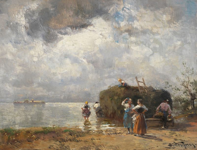 Heuschiff am Chiemsee by Joseph Wopfner, impressionism, depicting a boat on a tranquil lake
