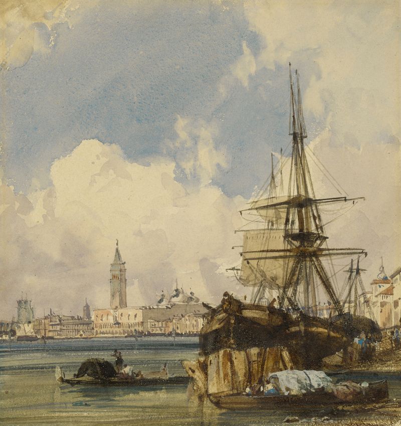 Riva degli Schiavoni, óleo sobre lienzo de Richard Parkes Bonington, con góndolas en el agua.