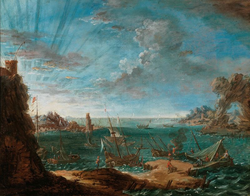 Paisagem costeira com navios e figuras de Lodovico Mattioli, pintura a óleo