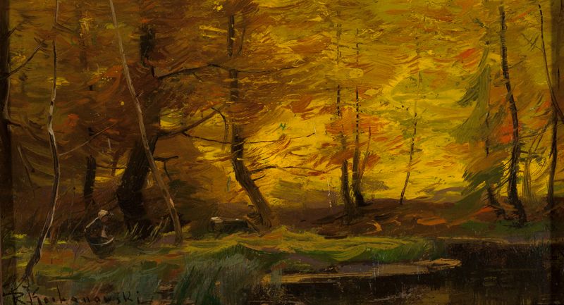 Forest landscape by Roman Kazimierz Kochanowski, oil on canvas featuring lush greenery and dappled sunlight.