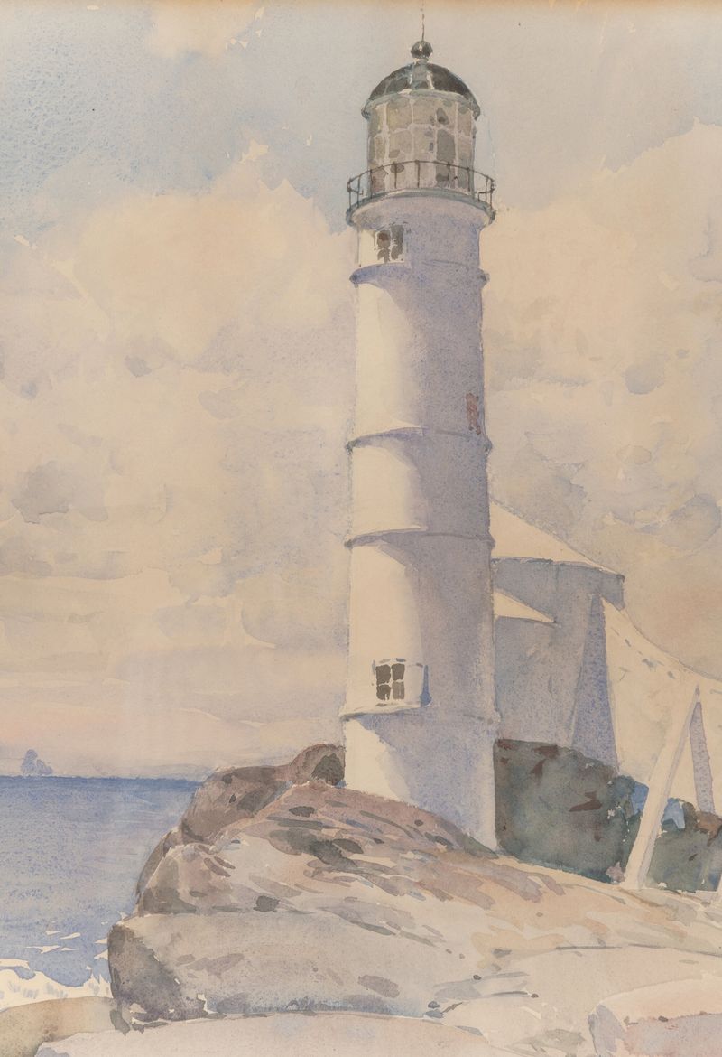 Lighthouse, Isle of Shoals de Childe Hassam, óleo sobre tela representando um farol e um mar turbulento.