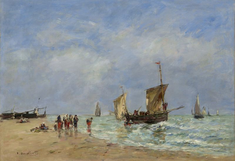 Escena marina con barcos y olas, óleo sobre lienzo de Eugène Boudin
