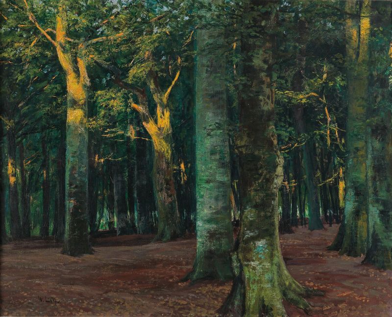 A forest interior oil painting by Walter Leistikow, featuring lush foliage and dappled light.