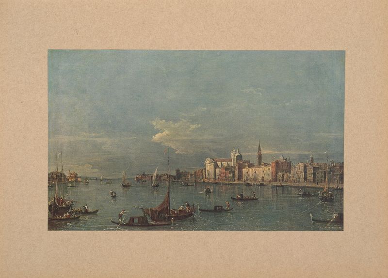 Le Zattere de Corrado Ricci, pintura al óleo que muestra barcos en agua tranquila
