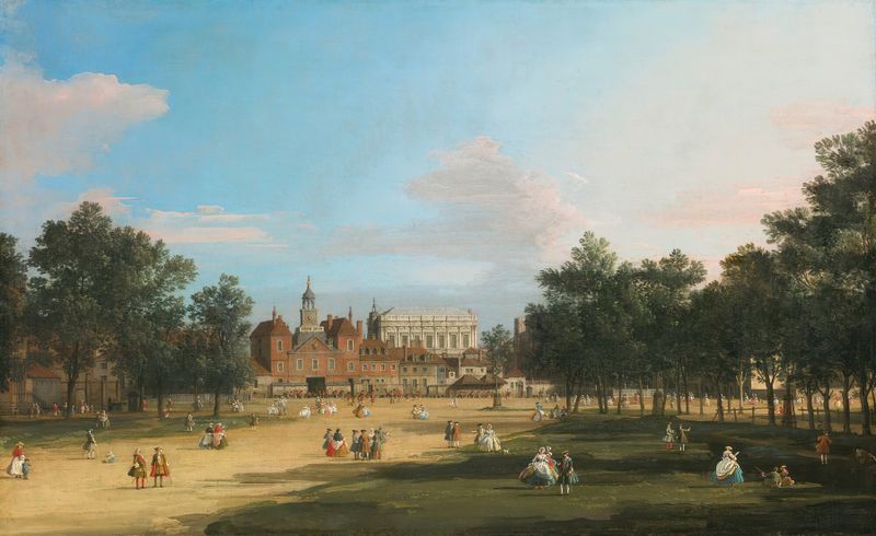 Pintura rococó de Canaletto que representa los Viejos Guardias de Caballo y el Salón de Banquetes en St. James' Park