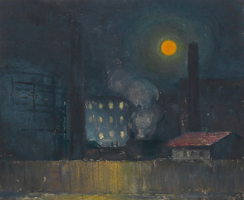 'Gaswerk' im Mondlicht de Karl Wiener, óleo sobre lienzo que representa una estructura de gas iluminada por la luna.