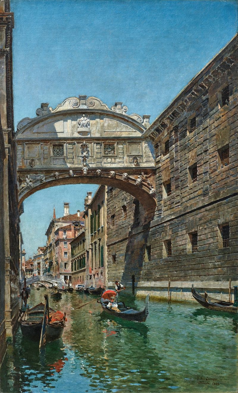 Il Ponte dei Sospiri by Federico del Campo, oil on canvas, depicting a bridge with figures in Venice