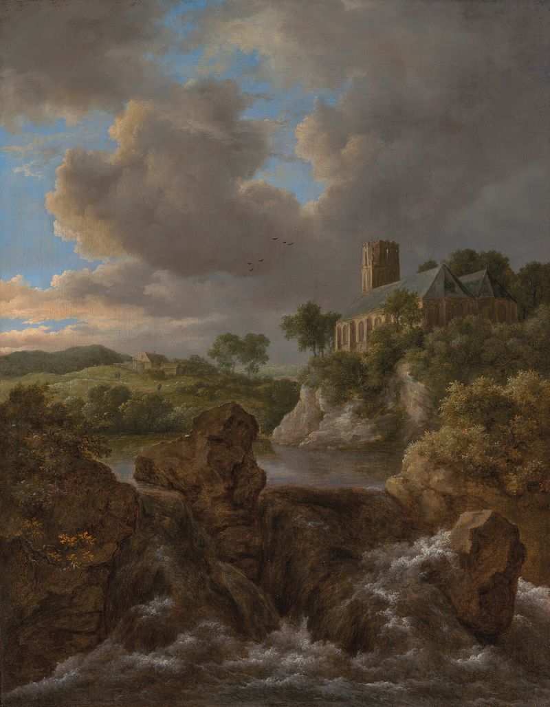 Paisagem de rio arborizada com cachoeira, igreja e fazenda de Jacob van Ruisdael, óleo sobre tela