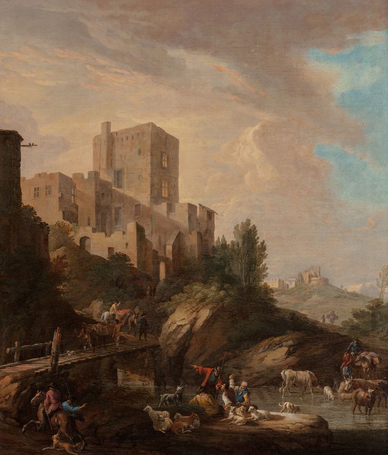 Rococo oil painting by German School depicting drovers with cattle by a river.