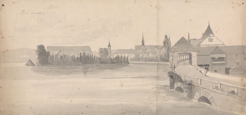 Village on a Lake de Isaac Weld, pintura al óleo que muestra un paisaje sereno con un pueblo y un lago.