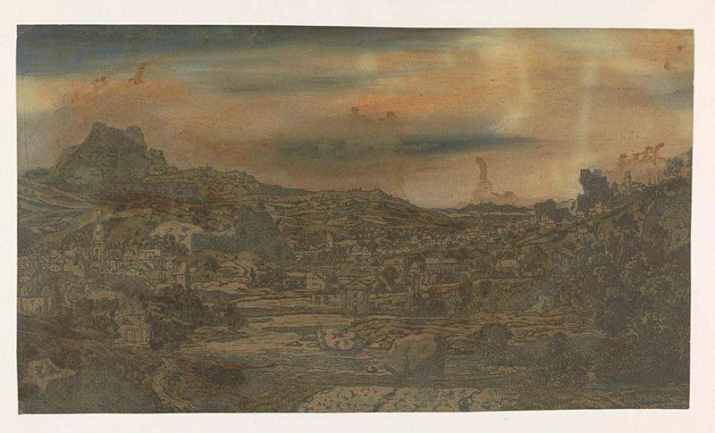Paisagem com um rio e uma cidade com quatro torres, gravura de Hercules Segers