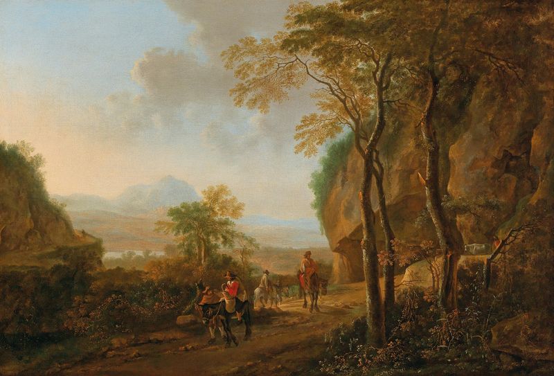 An Italianate landscape with travellers, oil painting by Jan Both