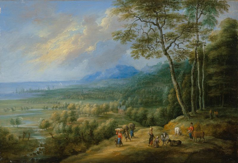 Coastal landscape by Lucas van Uden, oil painting depicting a serene coastline.