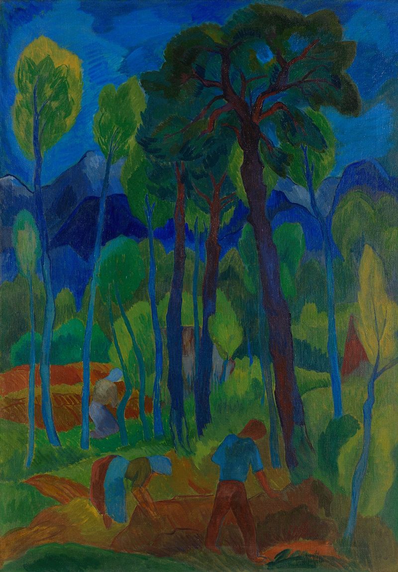 Moorlandschaft de Fritz Schaefler, óleo sobre lienzo que representa un paisaje sereno con un arroyo y cielo pastel.