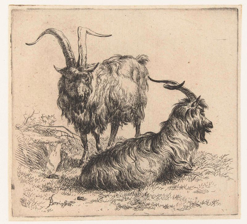 Gravura de Nicolaes Pietersz Berchem com duas cabras em uma paisagem ensolarada