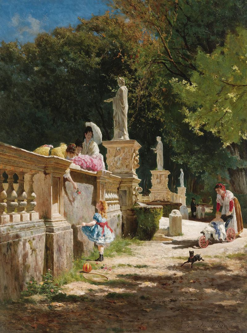 Paisaje con una pareja en los jardines de la Villa Borghese de Aurelio Tiratelli, medio desconocido.