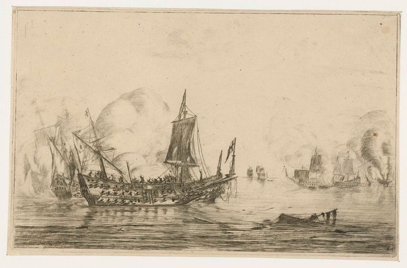 Gravura de Reinier Nooms retratando as consequências de uma batalha naval com navios e ondas turbulentas.