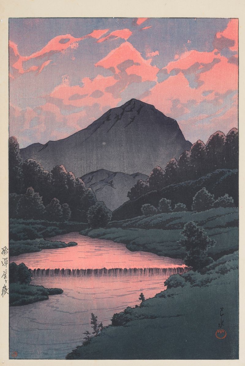 Impressão em madeira Hida Kamagadake de Kawase Hasui mostrando montanhas e colinas com névoa