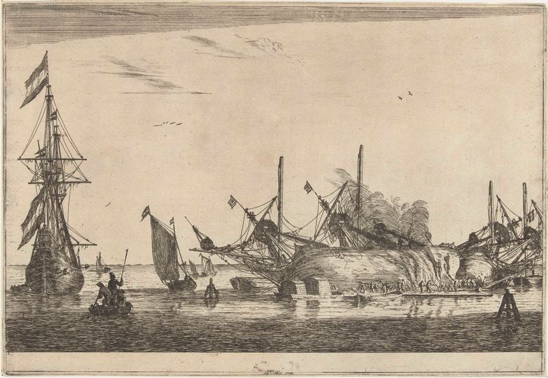 Grabado de Reinier Nooms que muestra dos barcos siendo impermeabilizados en un puerto