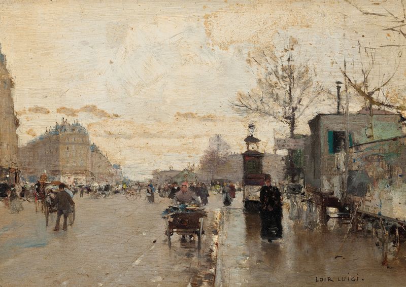 Genre scene of a bustling Parisian street in oil on canvas by Luigi Loir