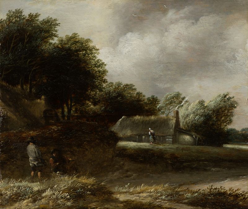 Peasant Huts Along a Stream, óleo sobre lienzo de Balthasar van der Veen, que representa cabañas rurales junto a un arroyo.