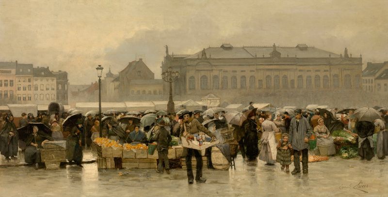 The Market in front of the Theatre in Antwerp by Emile Claus, oil on canvas, vibrant market scene