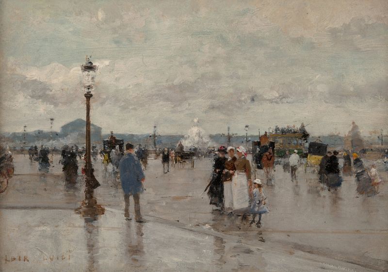 Landscape oil painting by Luigi Loir depicting figures at dawn.
